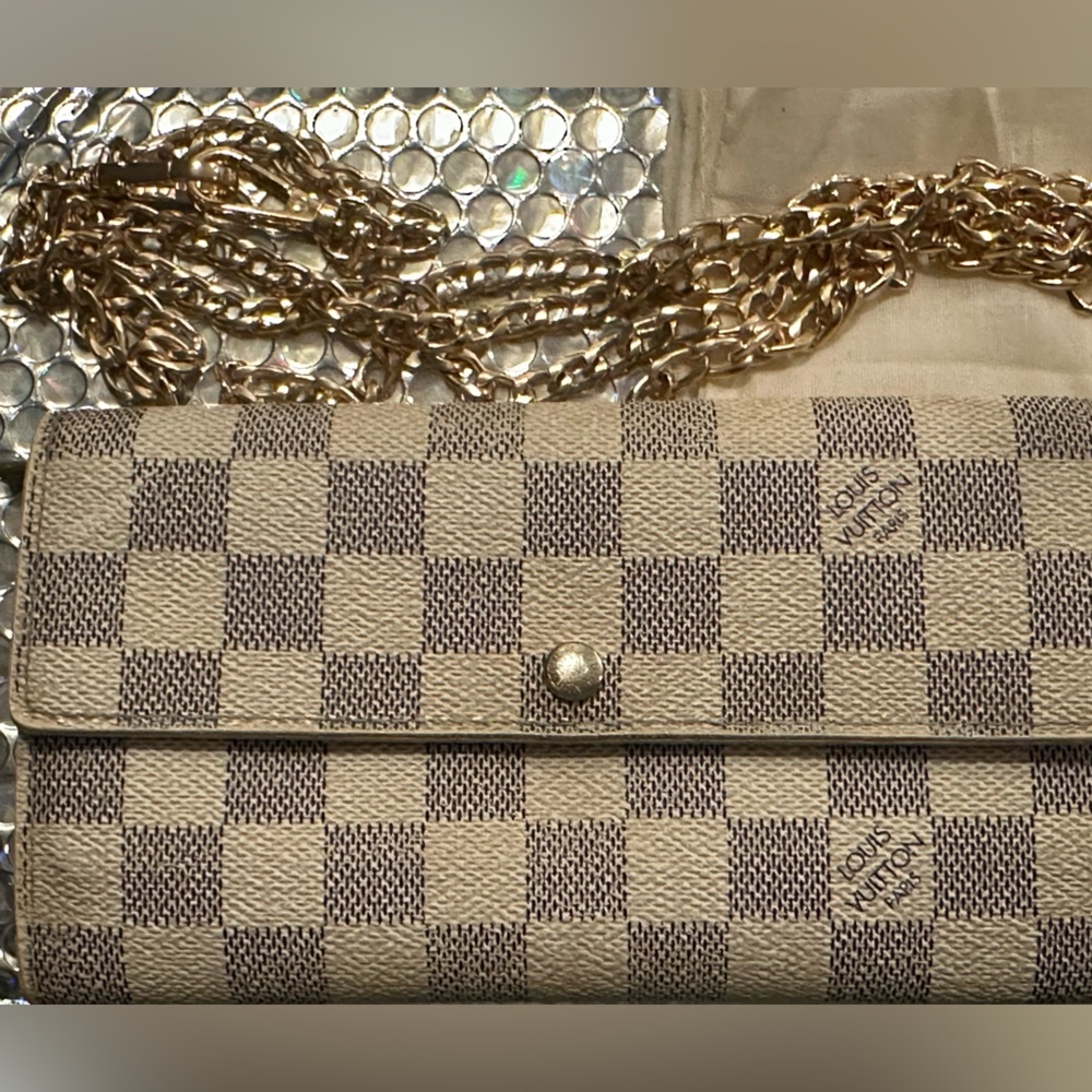 Louis Vuitton Damier Azur Sarah Wallet with Gold Chain
